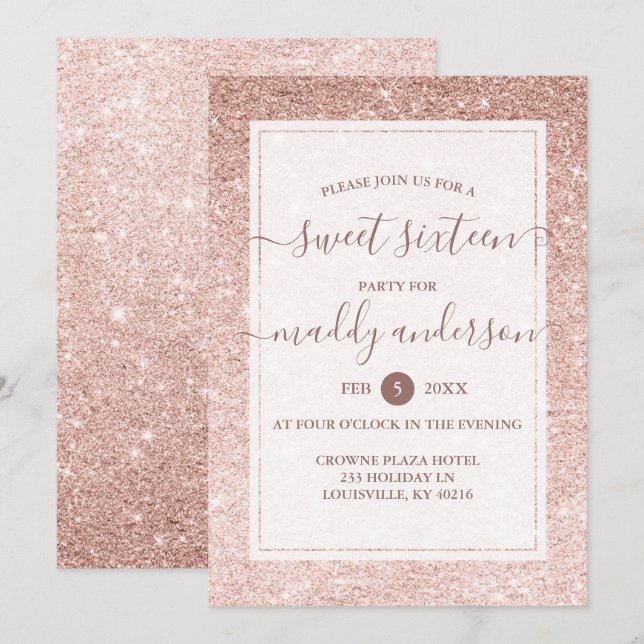 Ro Guld Faux Glitter Elegant Sweet 16 Birthday Inbjudningar (Fram/baksida)