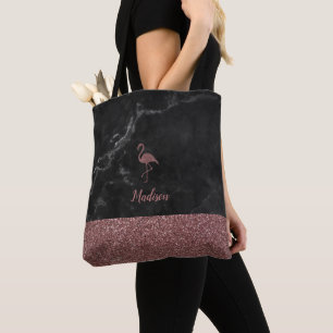 Ro Guld Faux Glitter Flamingo on Black Marble Tygkasse