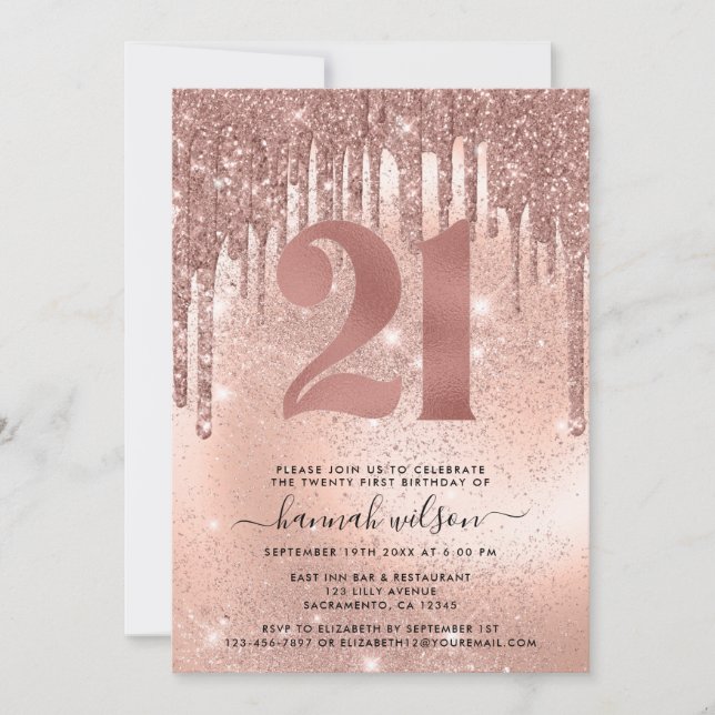 Ro Guld Faux Glitter & Foil 21:a födelsedagen Part Inbjudningar (Framsida)