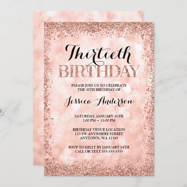 Ro Guld Faux Glitter Ljus 30års födelsedag Inbjudningar (Fram/baksida)