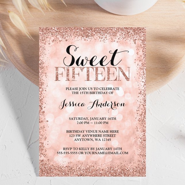 Ro Guld Faux Glitter Ljus Sweet 15 Quinceanera Inbjudningar (Skapare uppladdad)