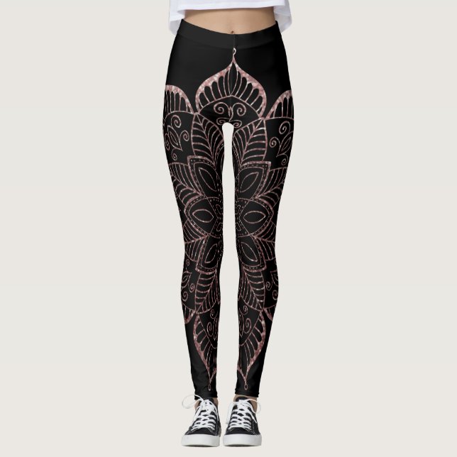 Ro Guld Faux Glitter Mandala över Solid Black Leggings (Framsida)