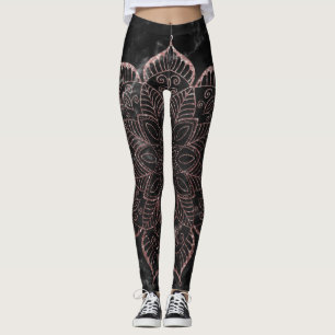 Ro Guld Faux Glitter Mandala vid Svarta Marble Leggings