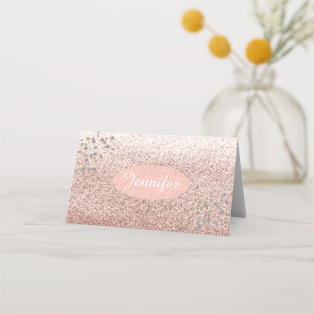 Ro Guld Faux Glitter Namn Ställe Holder Placeringskort (Framsida)
