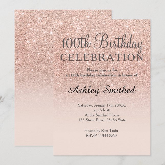Ro guld faux glitter rosa om 100-årsdagen inbjudningar (Fram/baksida)