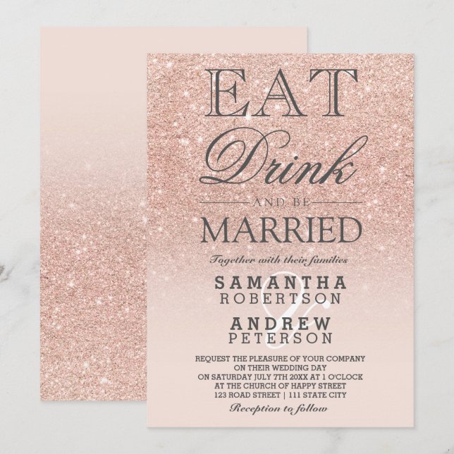 Ro guld faux glitter rosa ombre-manuset bröllop inbjudningar (Fram/baksida)