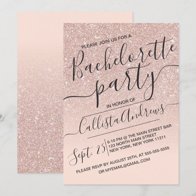 Ro Guld Faux Sparkly Glitter Ombre Bachelorette Inbjudningar (Fram/baksida)