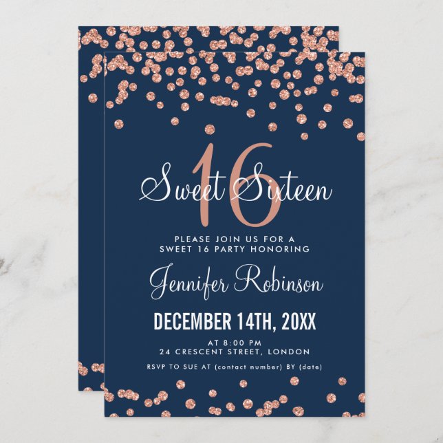 Ro-Guld-flottan Söt 16 Glitter-födelsedagskonfetti Inbjudningar (Fram/baksida)