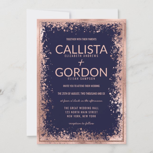 Ro-Guld-flottan Splatter Glitter Gräns Bröllop Inbjudningar (Framsida)