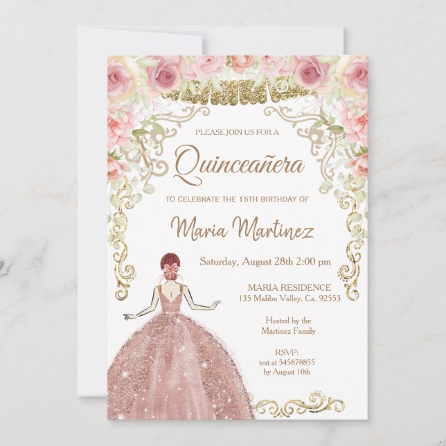 Ro Guld Flowers och Guld Glitter Quinceanera  Inbjudningar (Framsida)