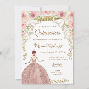 Ro Guld Flowers och Guld Glitter Quinceanera  Inbjudningar