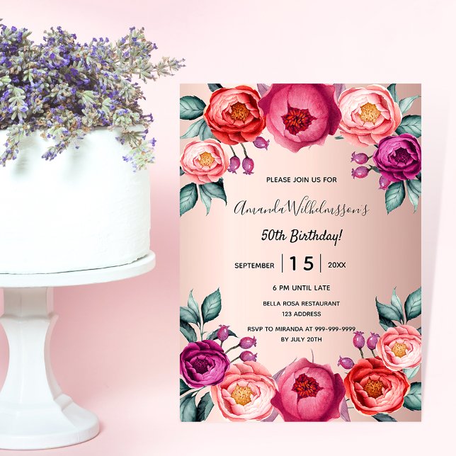 Ro guld födelsedag för  rosa lila blommigt inbjudningar (Skapare uppladdad)