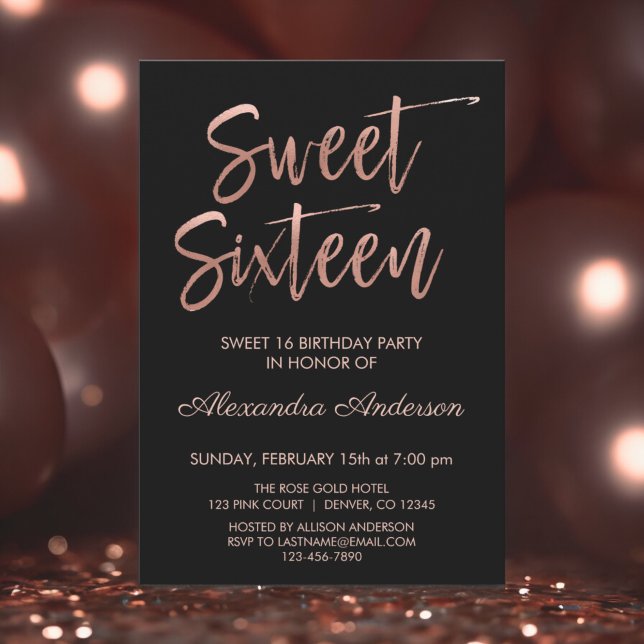 Ro Guld Foil och Black Sweet sixteen Birthday Inbjudningar (Skapare uppladdad)