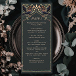Ro Guld - Förändrad gotik Raven Bröllop Flat Menu Meny<br><div class="desc">Elegant och gotisk bröllop-utformning med vavens och bladverk. Den här designen har en svart bakgrund,  med mörk blått ravens och löv av inaktiverad grönt med guld-accenter. Matcha artiklar i vår butik för ett helt tema i party.</div>