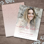 Ro Guld fotoöverlägg Quinceañera Spara datum Spara Datumet<br><div class="desc">Spara inbjudan till den fjorton Quinceañera-anpassningsbarna med ett foto som är enkelt att anpassa och som är  i rosa ros glitter ombre inbjudan. Om du vill ändra storlek på och placera fotot klickar du på knappen "ANPASSA IT".</div>