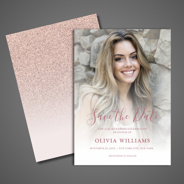 Ro Guld fotoöverlägg Quinceañera Spara datum Spara Datumet (Rose Gold Save the Date Card)