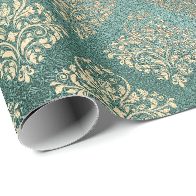 Ro Guld Foxier Damask Teal Shiny Glass Metallic Presentpapper (Rullad Hörn)