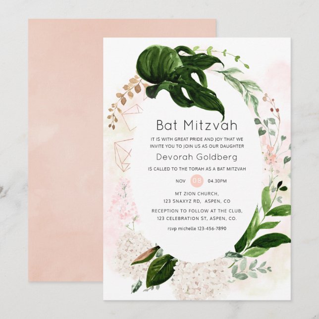 Ro Guld &  Geometric Greenery Bat mitzvah Inbjudningar (Fram/baksida)