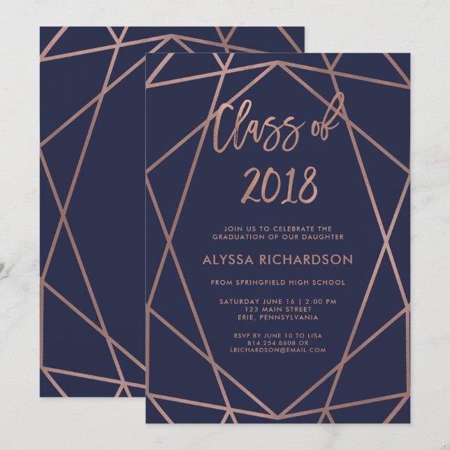 Ro Guld Geometric on Navy Blue Studentfest Inbjudningar (Fram/baksida)