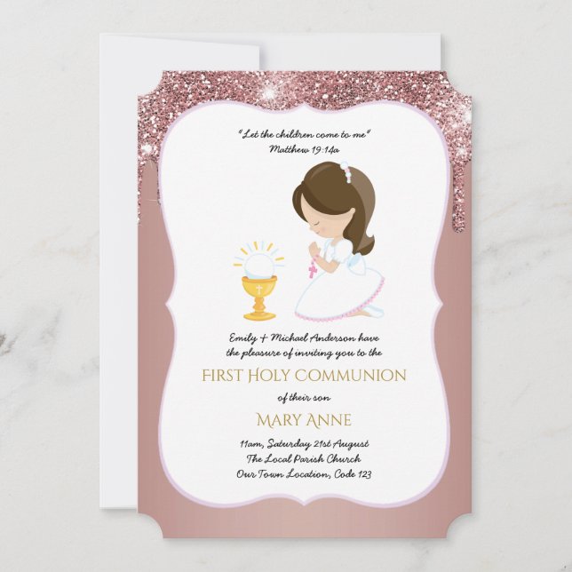 Ro Guld Girls Blommigt First Heliga Communion Invi Inbjudningar (Framsida)