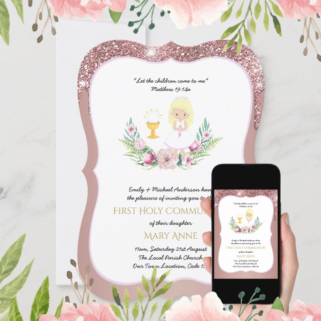 Ro Guld Girls Blommigt First Heliga Communion Invi Inbjudningar (Skapare uppladdad)