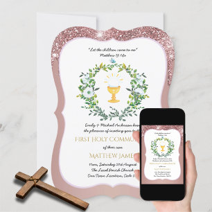 Ro Guld Girls Blommigt First Heliga Communion Invi Inbjudningar