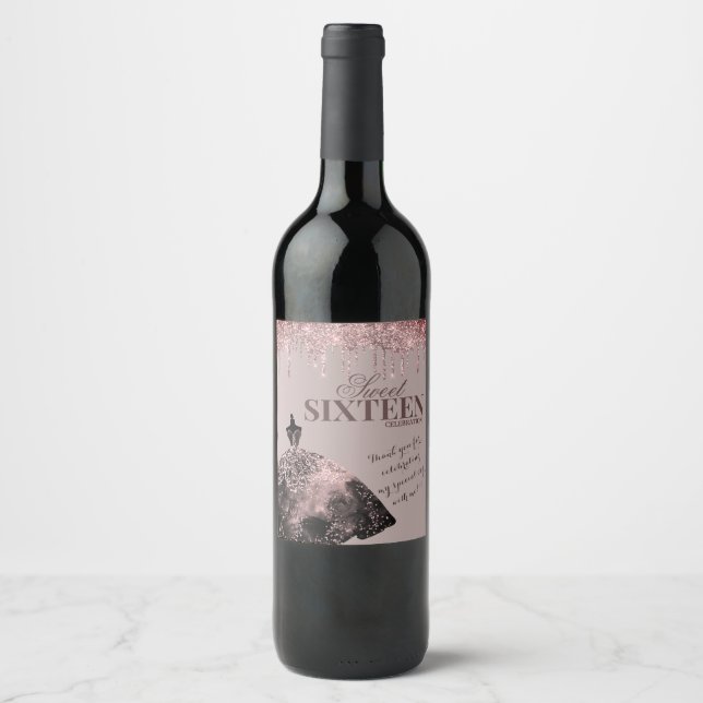 Ro Guld Glam Glitter Spark Sweet 16 Birthday Vinflaska Etikett (Framsida)