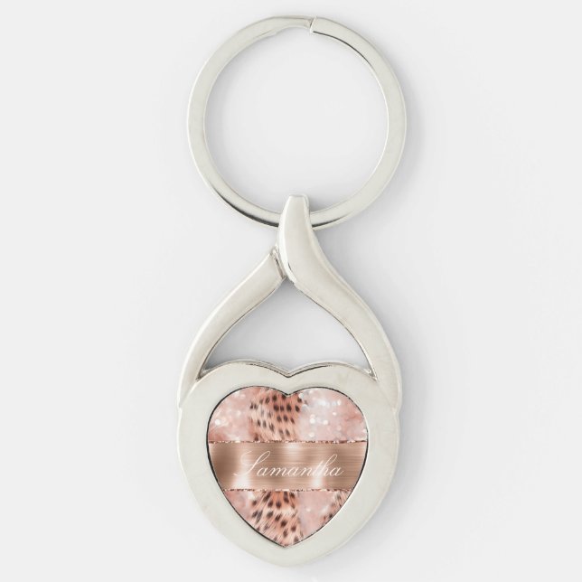 Ro Guld Glam Leopard Glitter Twisted Heart Silverfärgad Nyckelring (Framsidan)