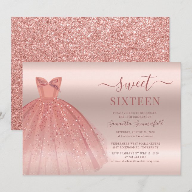 Ro Guld Glam Sweet 16 Birthday Script Inbjudningar (Fram/baksida)