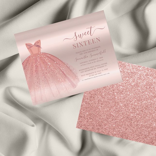 Ro Guld Glam Sweet 16 Modern skriptinbjudan (Sweet 16 Rose Gold Dress Party Invitation)