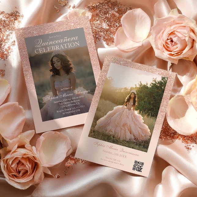 Ro Guld Glitter 2 foton Qr  Quinceañera Inbjudningar (Rose Gold Glitter 2 photos Qr blush Quinceañera Invitation)