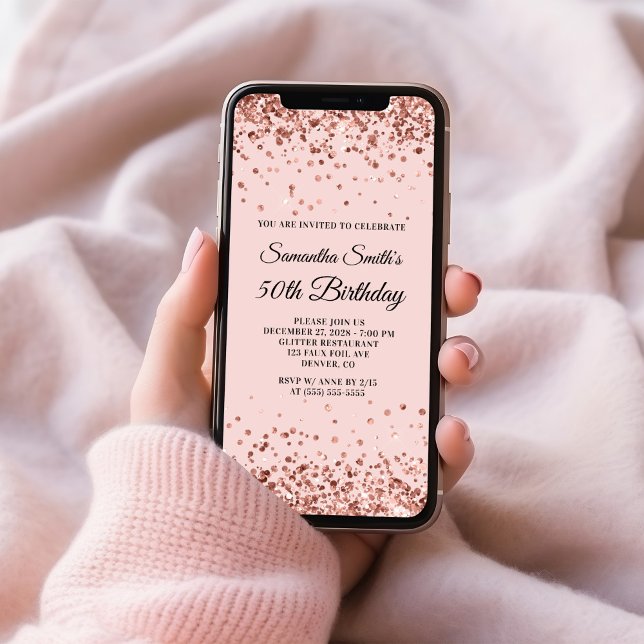 Ro Guld Glitter  50:e födelsedag Inbjudningar (Rose Gold Glitter Blush 50th Birthday Invitation)