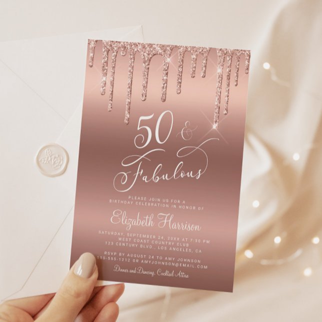 Ro Guld Glitter 50:e Födelsedagsfesten Inbjudningar (Celebrate her 50 years of sparkle with an elegant rose gold glitter birthday party invitation)