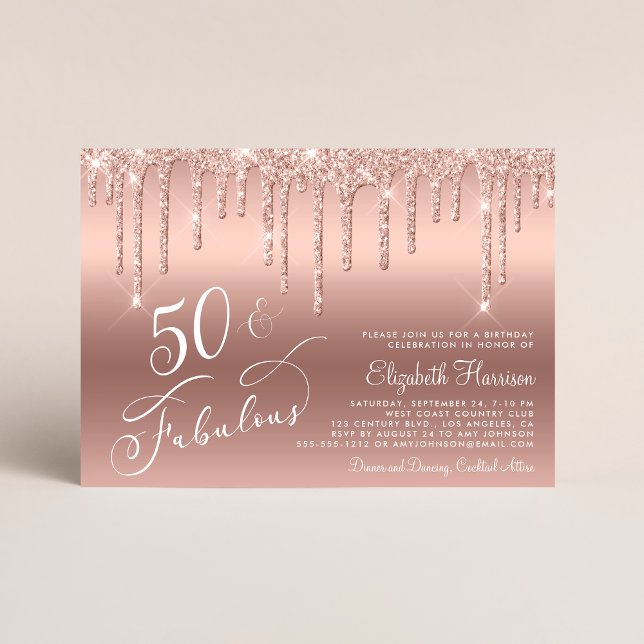 Ro Guld Glitter 50:e Födelsedagsfesten Inbjudningar (Celebrate her 50 years of sparkle with an elegant rose gold glitter birthday party invitation  🎉 🎂)