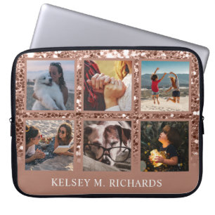 Ro Guld Glitter 6 Fotokollage med Namn Laptop Fodral