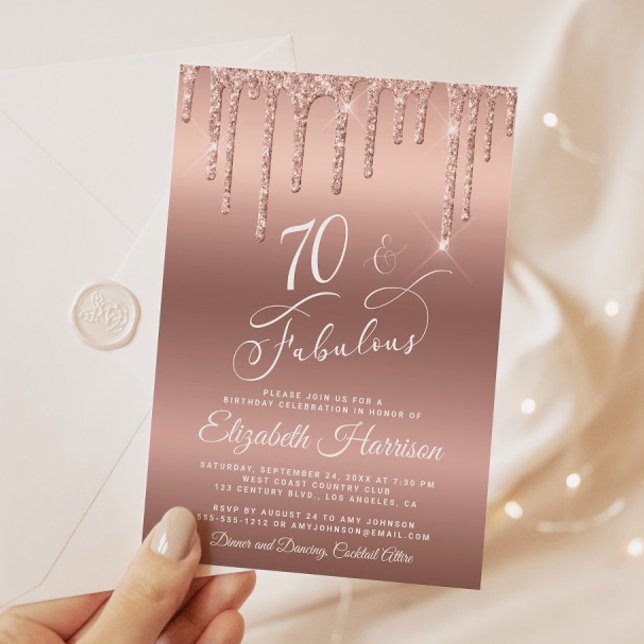 Ro Guld Glitter 70:e Födelsedagsfest inbjudan (Celebrate her 70 years of sparkle with an elegant rose gold glitter birthday party invitation)
