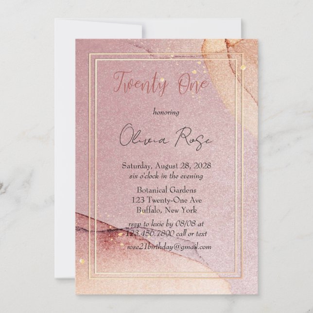 Ro Guld Glitter Alkohol Bläck 21:a födelsedag Part Inbjudningar (Framsida)