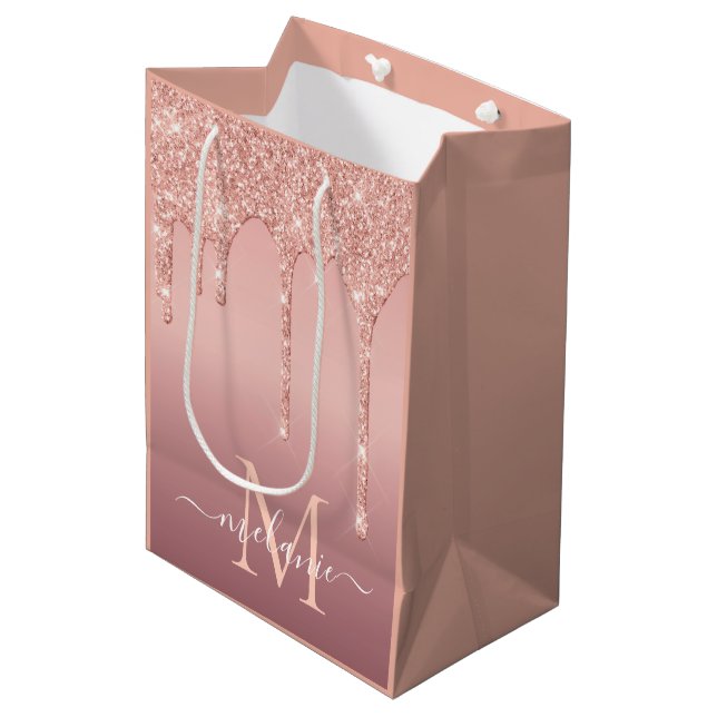 Ro Guld Glitter Anpassningsbar Brev Namn Gift Bag (Framsidan Vinklad)