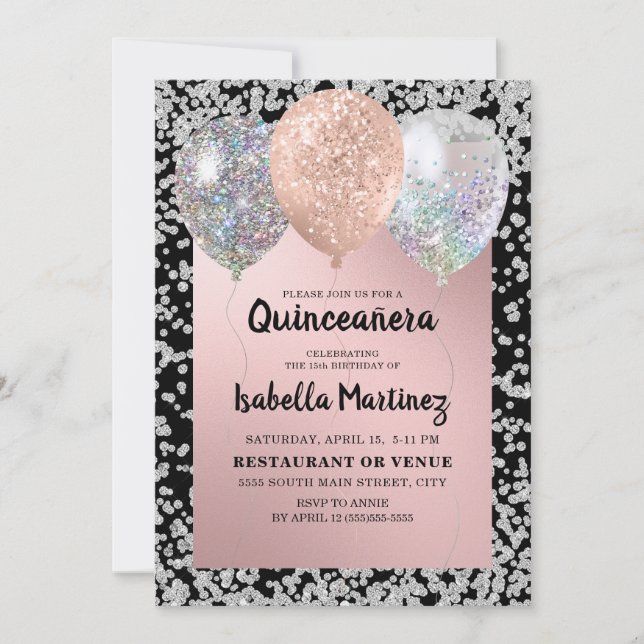 Ro Guld Glitter Balloons Quinceañera Inbjudningar (Framsida)