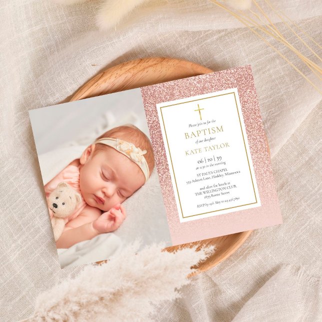 Ro Guld Glitter, baptism Christening Photo Inbjudningar (Skapare uppladdad)