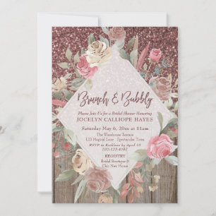 Ro Guld Glitter Barn Wood Blommigt Brunch & Bubly Inbjudningar