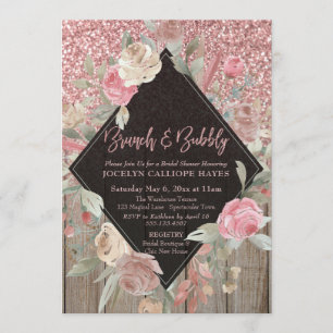 Ro Guld Glitter Barn Wood Blommigt Brunch & Bubly Inbjudningar