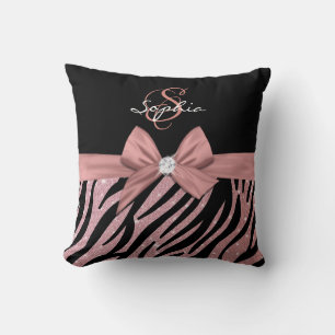 Ro Guld Glitter Black Zebra ränder Bow Monogram Kudde