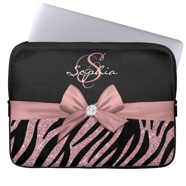 Ro Guld Glitter Black Zebra ränder Bow Monogram Laptop Fodral (Framsidan)