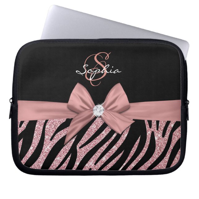 Ro Guld Glitter Black Zebra ränder Bow Monogram Laptop Fodral (Framsidan)