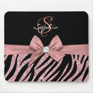 Ro Guld Glitter Black Zebra ränder Bow Monogram Musmatta