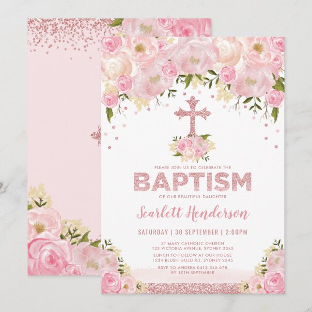 Ro Guld Glitter Blommigt för  Rosa Flickor Baptism Inbjudningar (Fram/baksida)