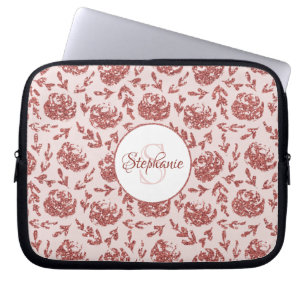 Ro Guld Glitter Blommigt Monogram Personlig Laptop Fodral