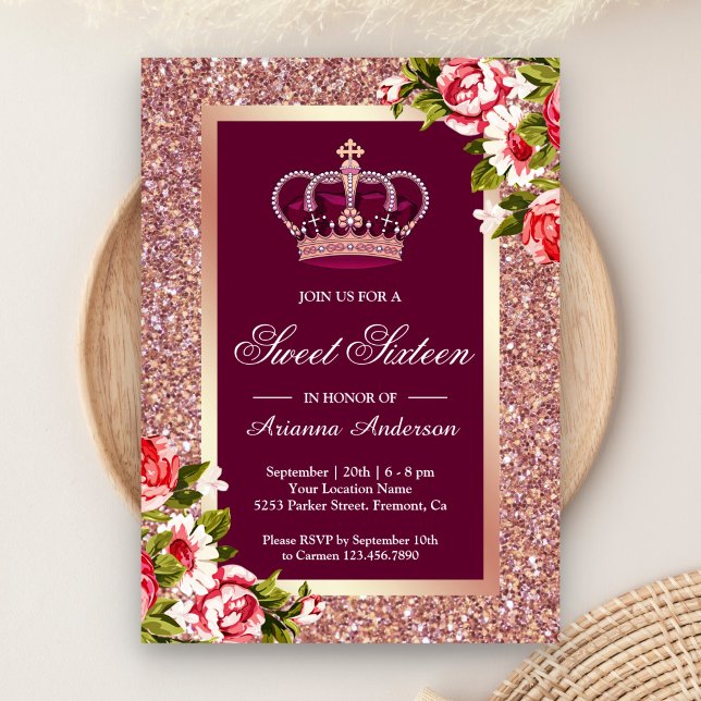 Ro Guld Glitter Blommigt Princess Sweet sixteen Inbjudningar (Skapare uppladdad)