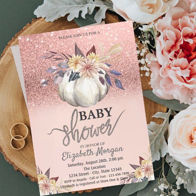Ro Guld Glitter, Blommigt Pumpkin Baby Shower Inbjudningar (Skapare uppladdad)